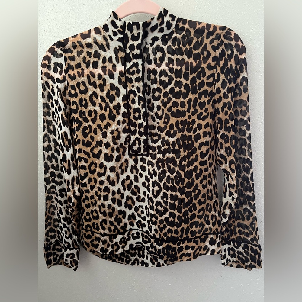 GANNI Printed Georgette Shirt Leopard Size 34 New - Picture 3 of 13